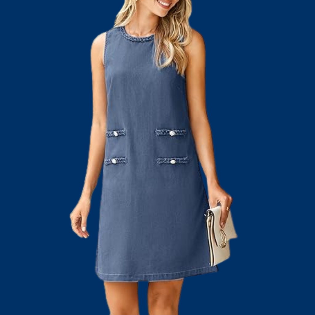 Sofie – Elegant ermeløs denimkjole med dekorative lommer