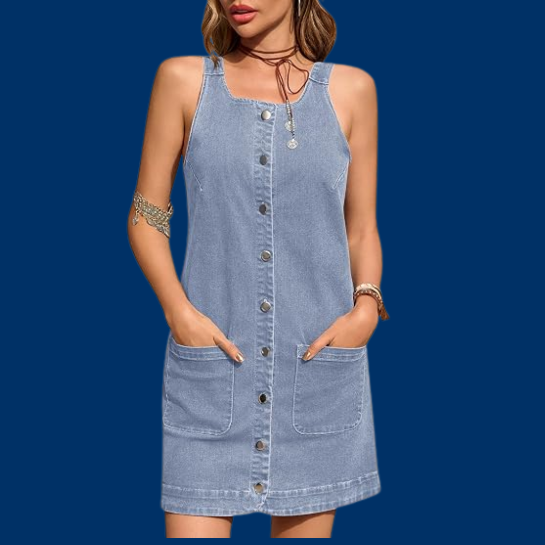 Hanna – Trendy ermeløs denimkjole med knapper i front