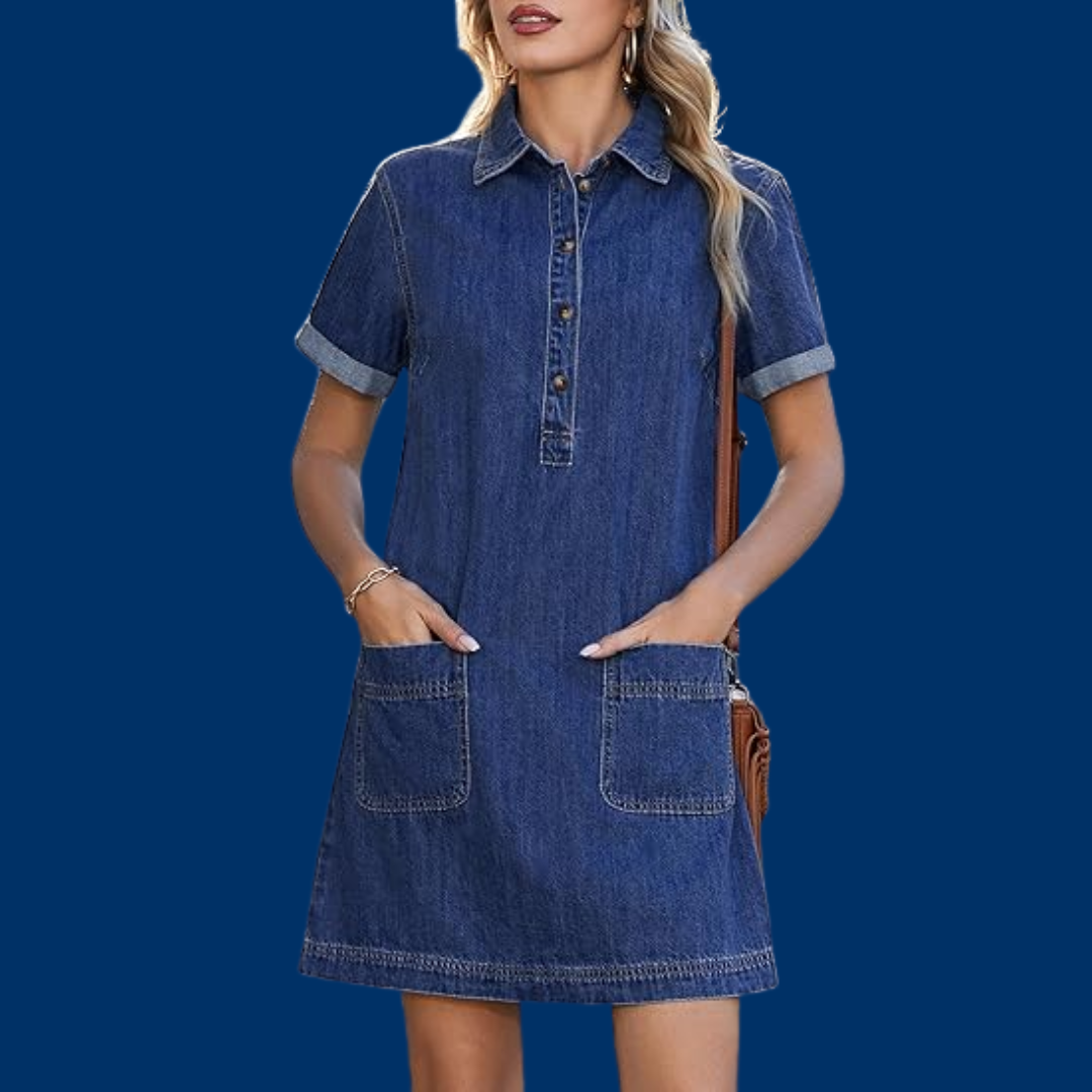 Liv – Klassisk kortermet denimkjole med knappeliste