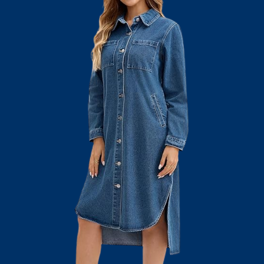 Nora – Klassisk langermet denimskjortekjole med knapper